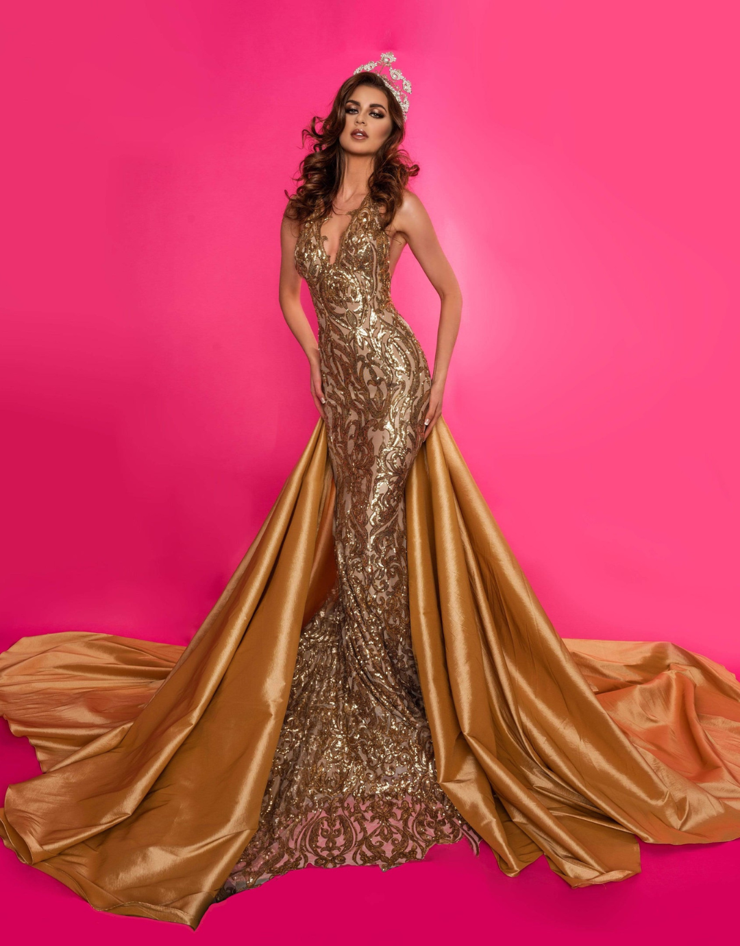 Aphrodite Gold Bespoke Sequin Pageant Gown | Debbie Carroll with Detachable Train